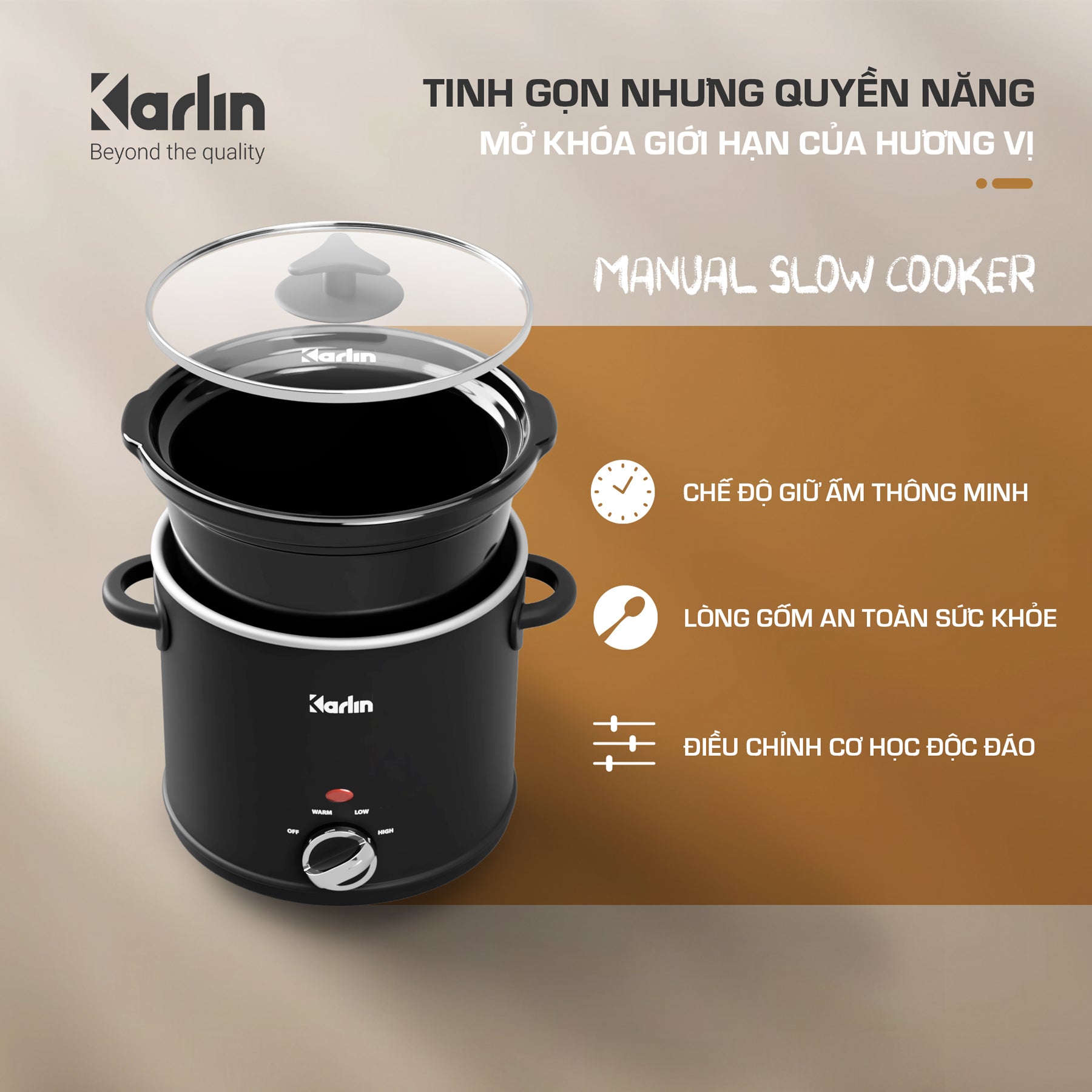 Nồi Nấu Chậm Karlin SC35 3.5L – Lòng Gốm Cao Cấp, 3 Mức Nhiệt, Tiết Kiệm Điện 200W
