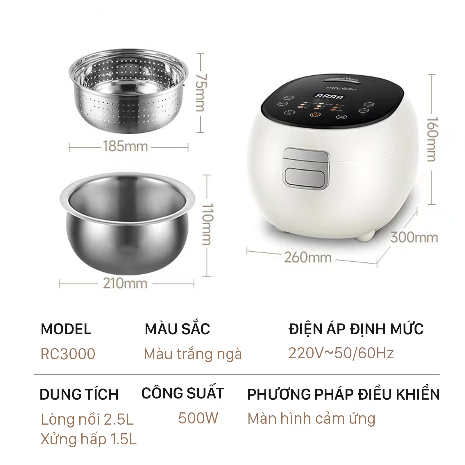 Nồi Cơm Điện Đa Năng - Kiêm Tách Đường - Snapbee RC3000 PRO - Dung Tích 3 Lít - Lòng Nồi Niêu Inox 304 Vân Lục Giác Siêu Dày Đầu Tiên Trên Thị Trường