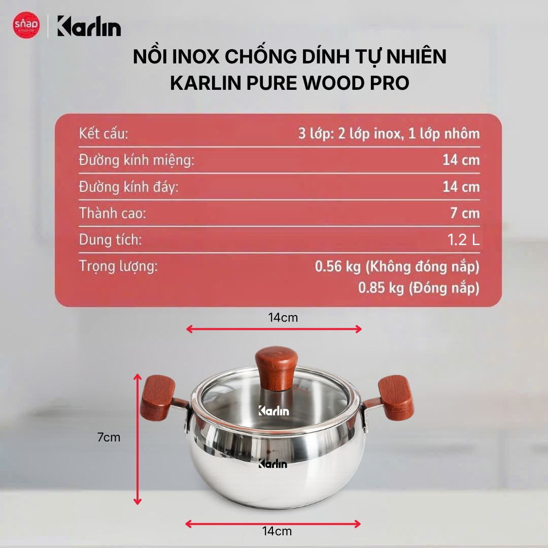 Nồi Inox Chống Dính Tự Nhiên Pure Wood Pro Inox 316 Đáy 3 Lớp 14cm x 7cm – Chuẩn Châu Âu
