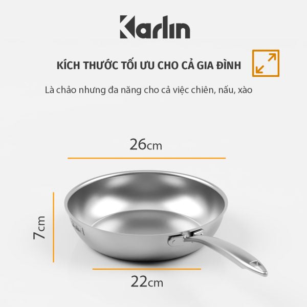 Chảo Karlin Chống Dính Tự Nhiên – P26 – Đáy 5 Lớp – Sâu lòng 7 cm – Đường Kính 26 cm – Nấu Được Trên Mọi Loại Bếp – Không kén bếp