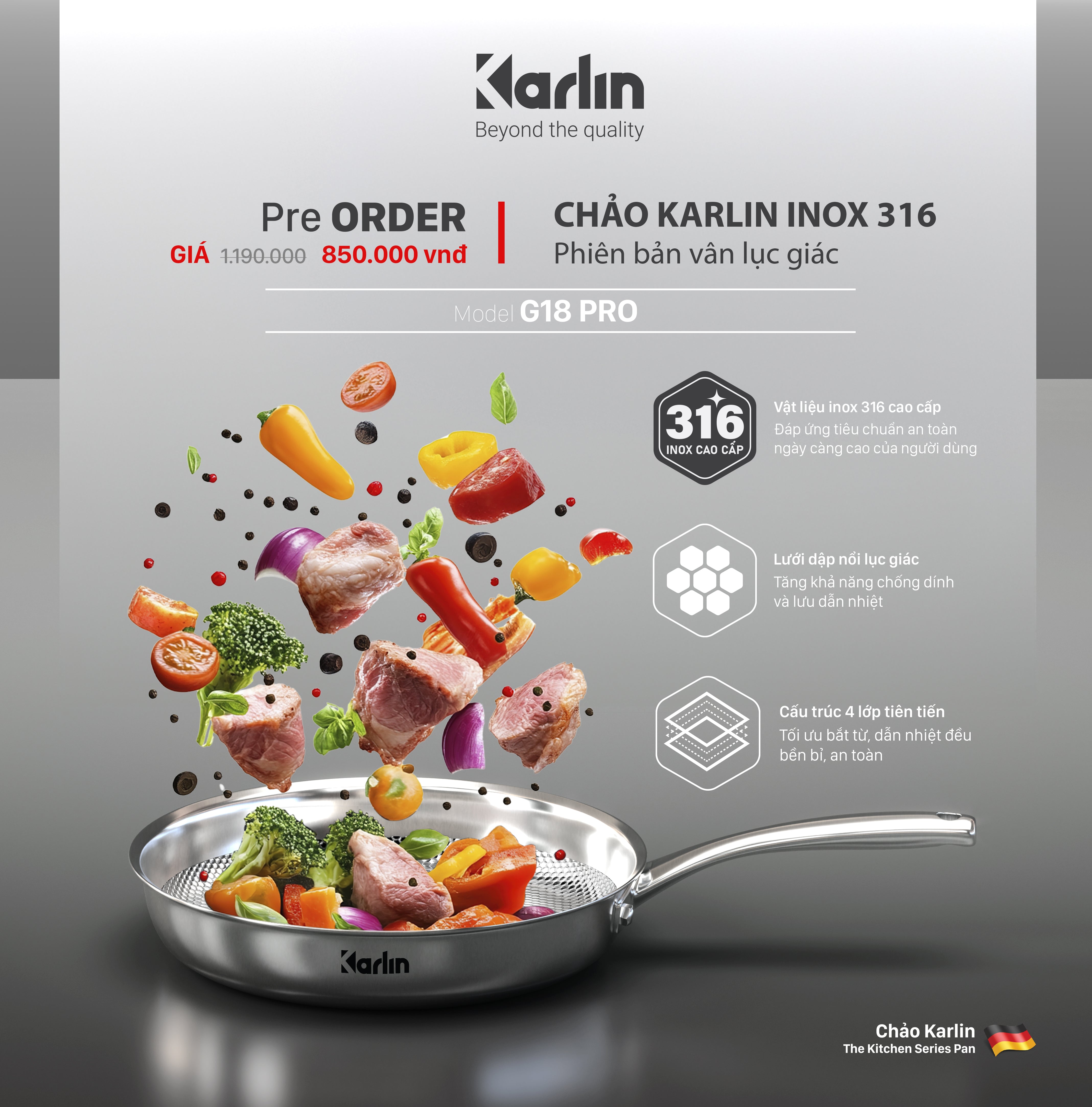 Chảo Karlin Chống Dính Tự Nhiên G18 PRO Inox 316 Đáy 4 Lớp 18cm x 5cm – Chuẩn Châu Âu