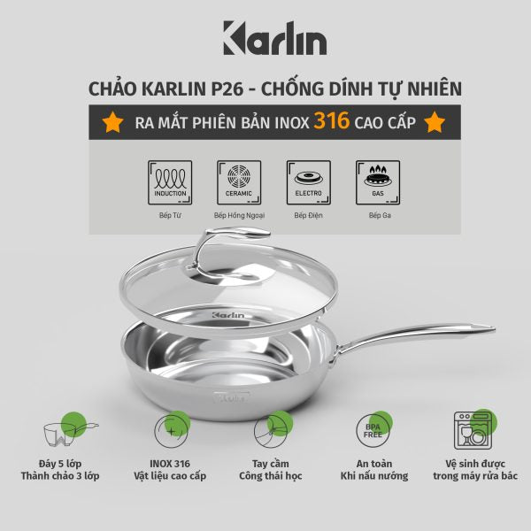Chảo Karlin Chống Dính Tự Nhiên – P26 – Đáy 5 Lớp – Sâu lòng 7 cm – Đường Kính 26 cm – Nấu Được Trên Mọi Loại Bếp – Không kén bếp