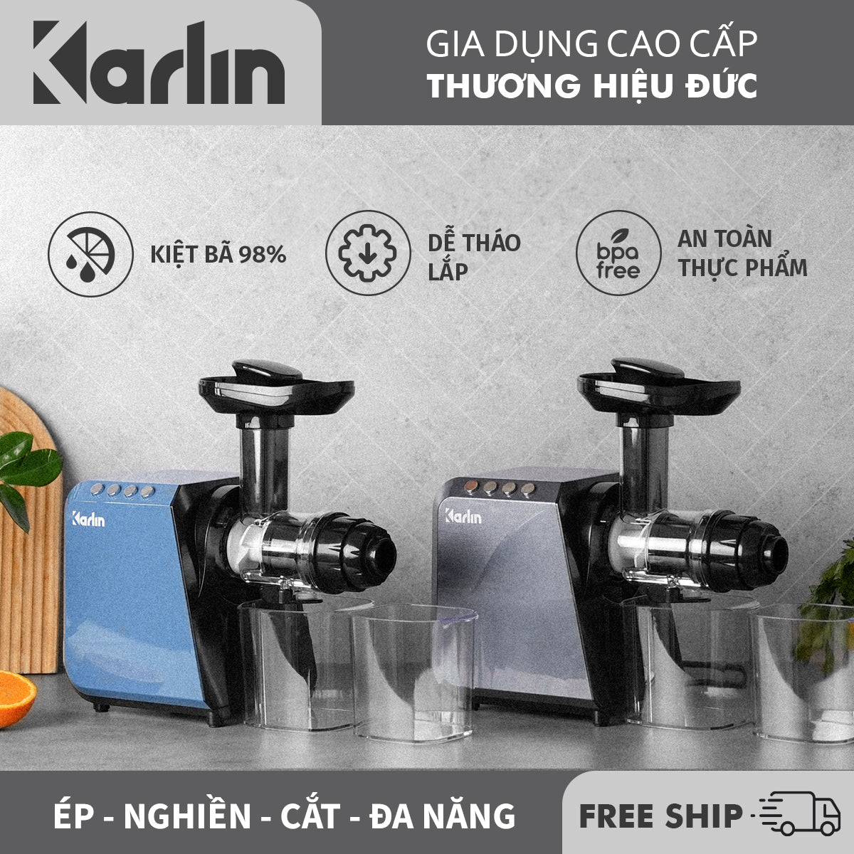 Máy Ép Chậm Trục Ngang KARLIN X5 - Ép Rau Củ - Kiệt Bã - Dễ Vệ Sinh - Đa Năng (xay cafe, làm mì sợi, thái củ quả, làm kem)