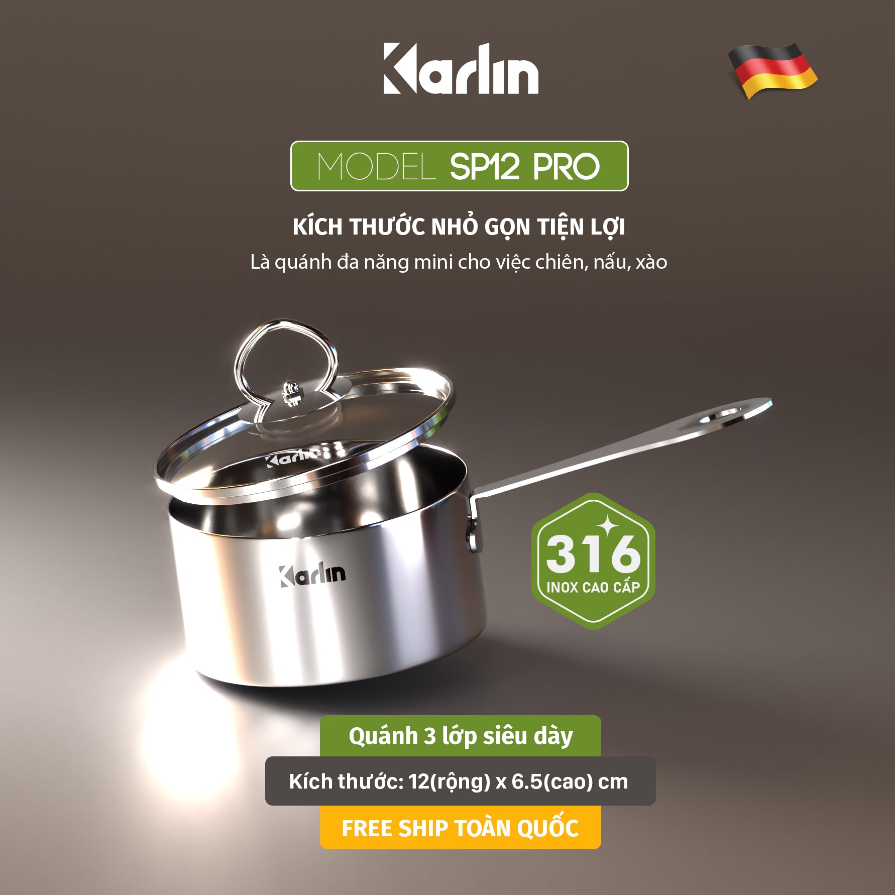 Quánh Karlin Chống Dính Tự Nhiên SP12 Pro – Đáy 3 Lớp – Đường Kính 12 Cm – Nấu Được Trên Mọi Loại Bếp