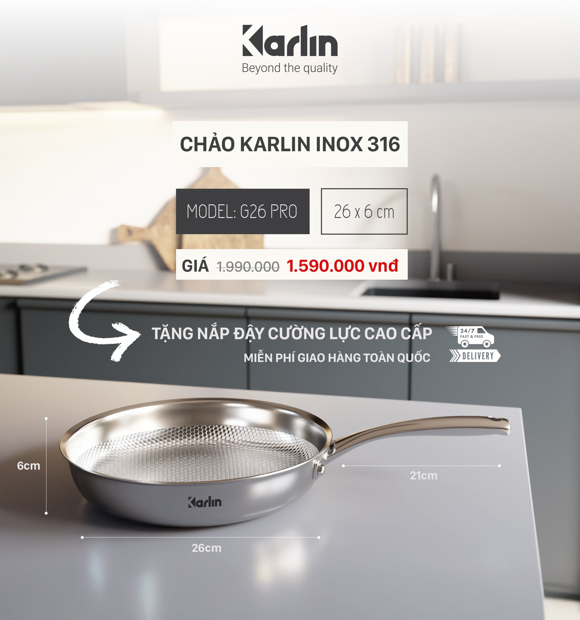 Chảo Karlin Chống Dính Tự Nhiên G26 PRO Inox 316 Đáy 4 Lớp 26cm x 6cm – Chuẩn Châu Âu