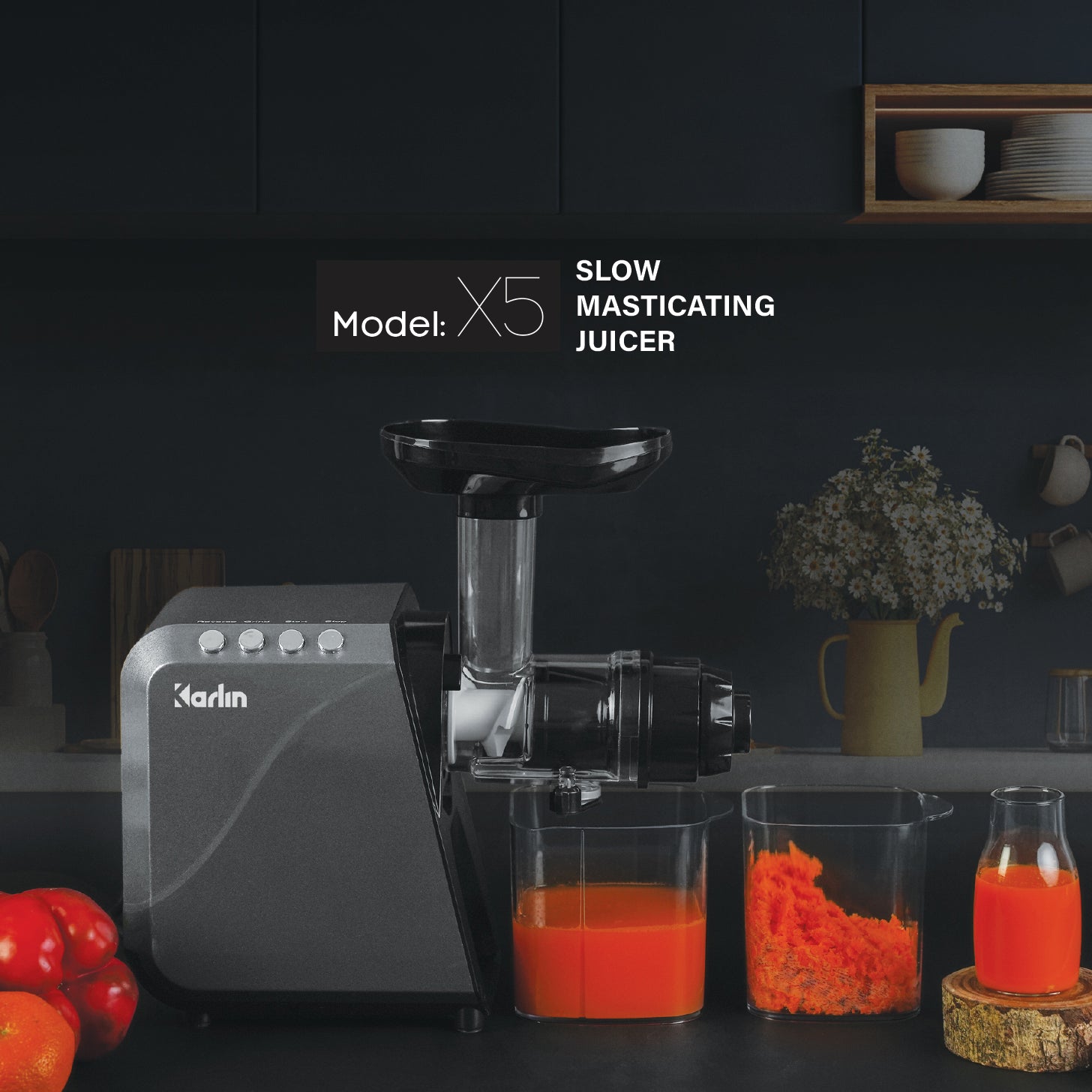 Máy Ép Chậm Trục Ngang KARLIN X5 - Ép Rau Củ - Kiệt Bã - Dễ Vệ Sinh - Đa Năng (xay cafe, làm mì sợi, thái củ quả, làm kem)