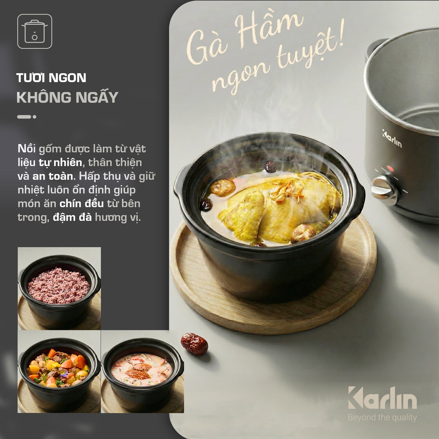 Nồi Nấu Chậm Karlin SC35 3.5L – Lòng Gốm Cao Cấp, 3 Mức Nhiệt, Tiết Kiệm Điện 200W