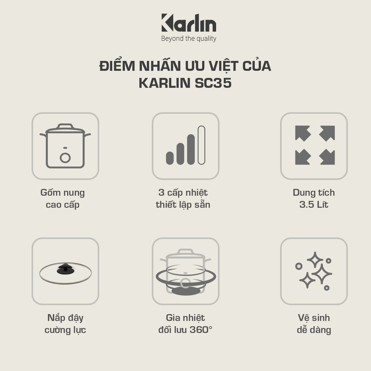 Nồi Nấu Chậm Karlin SC35 3.5L – Lòng Gốm Cao Cấp, 3 Mức Nhiệt, Tiết Kiệm Điện 200W