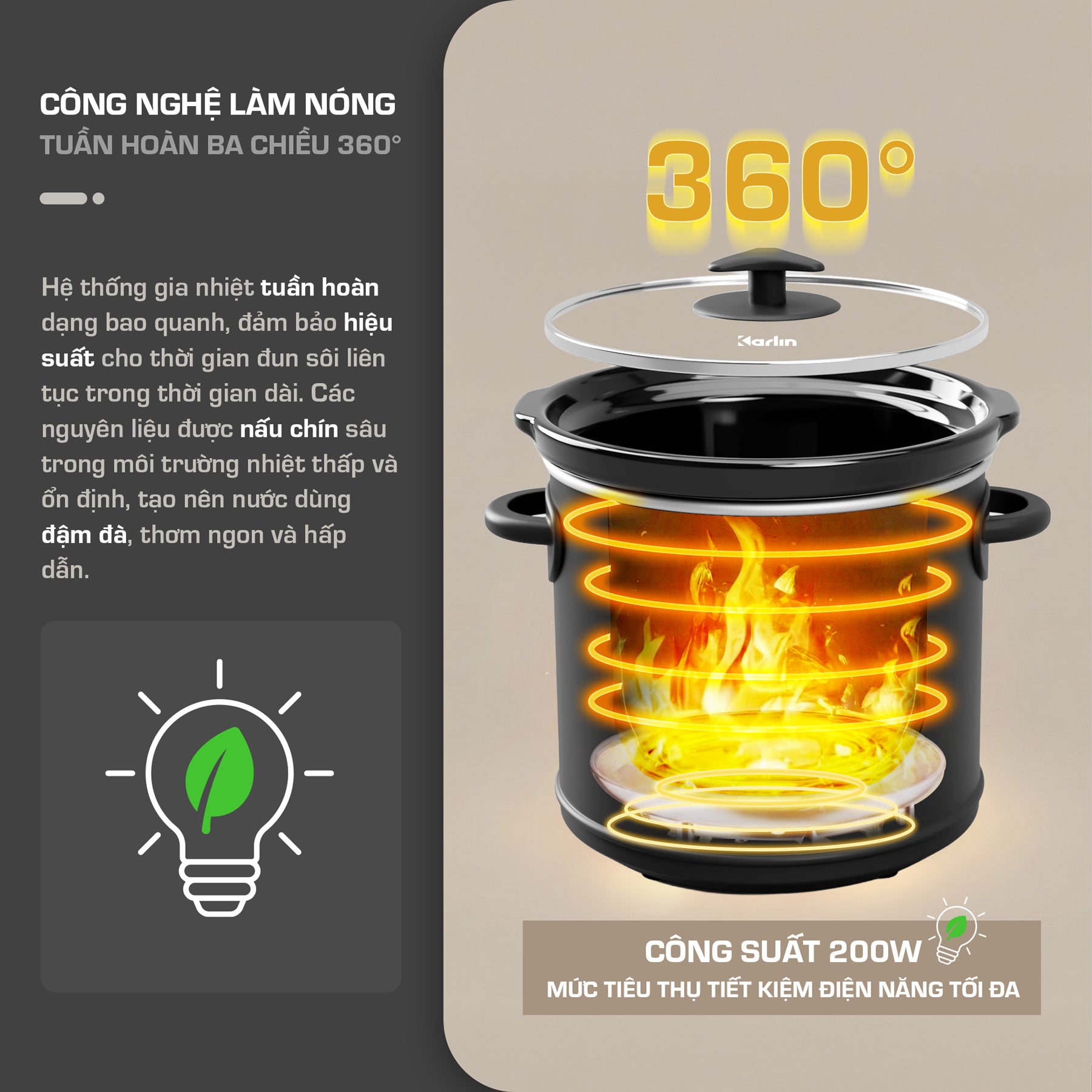 Nồi Nấu Chậm Karlin SC35 3.5L – Lòng Gốm Cao Cấp, 3 Mức Nhiệt, Tiết Kiệm Điện 200W