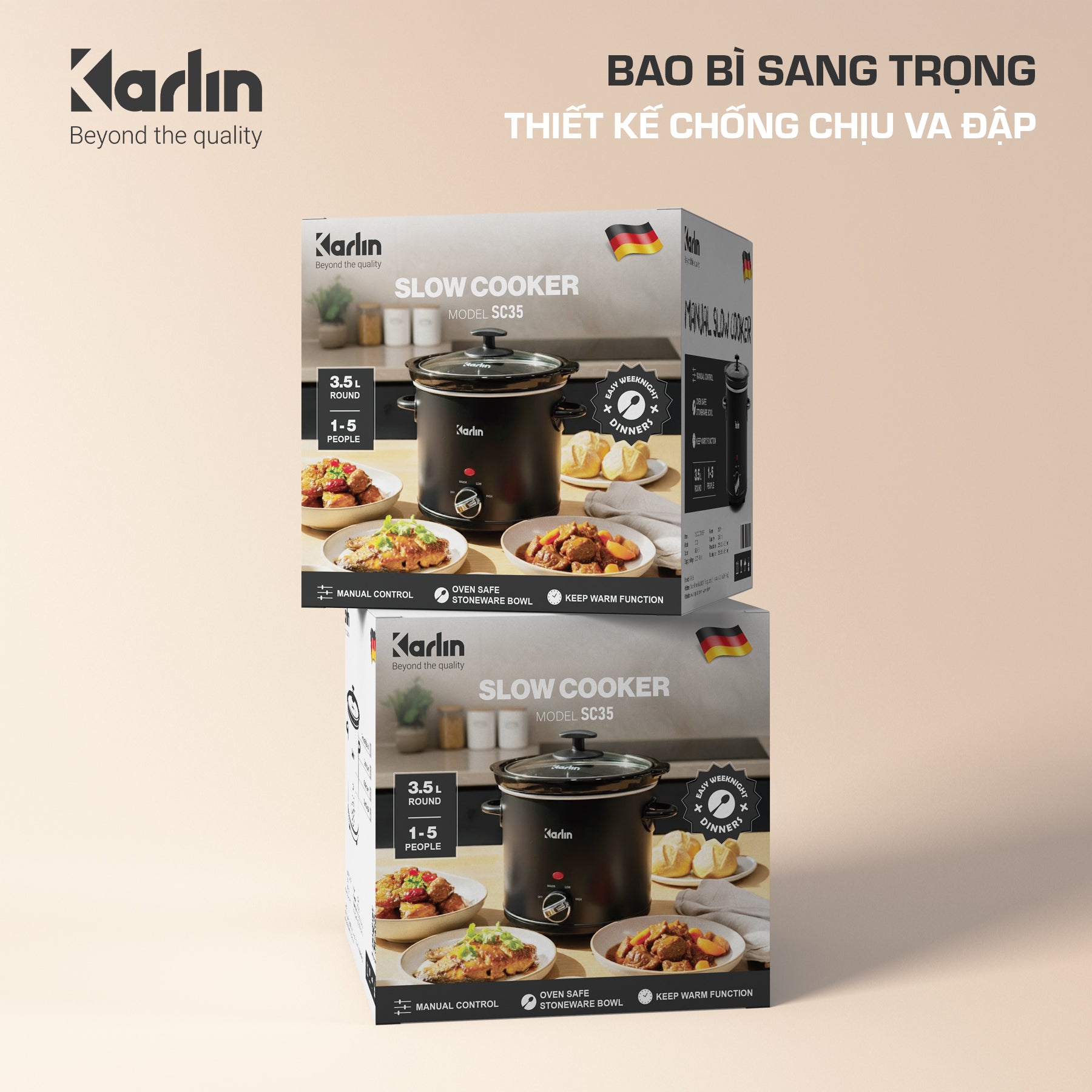 Nồi Nấu Chậm Karlin SC35 3.5L – Lòng Gốm Cao Cấp, 3 Mức Nhiệt, Tiết Kiệm Điện 200W