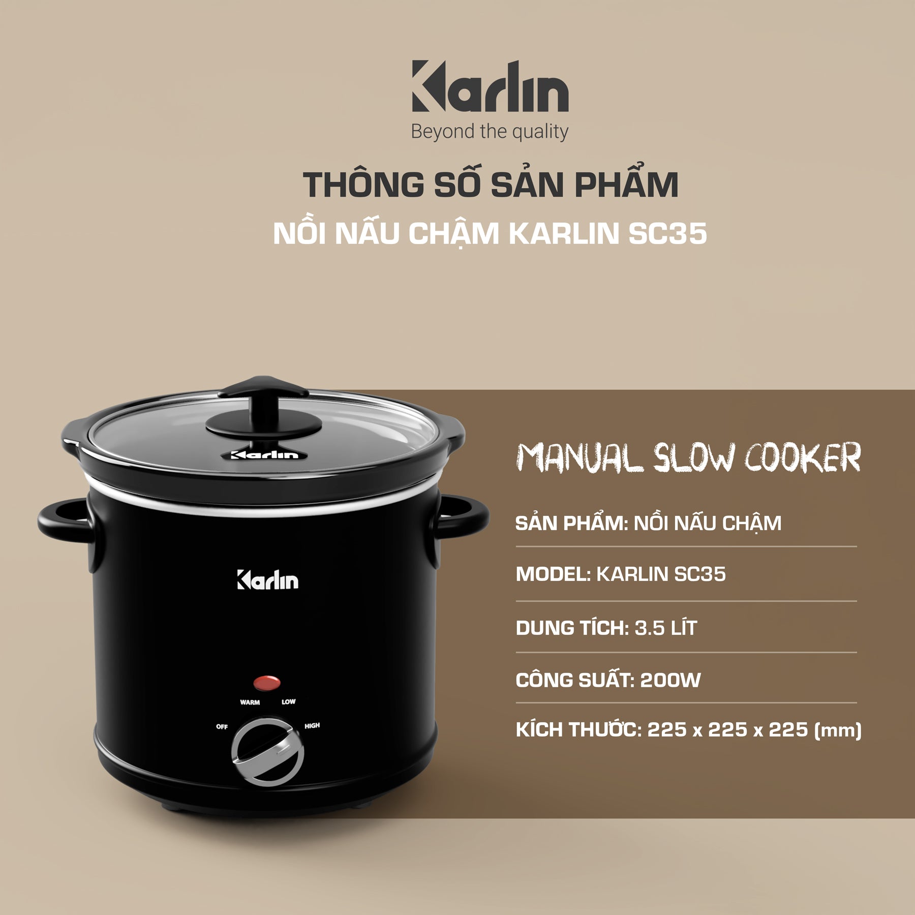 Nồi Nấu Chậm Karlin SC35 3.5L – Lòng Gốm Cao Cấp, 3 Mức Nhiệt, Tiết Kiệm Điện 200W