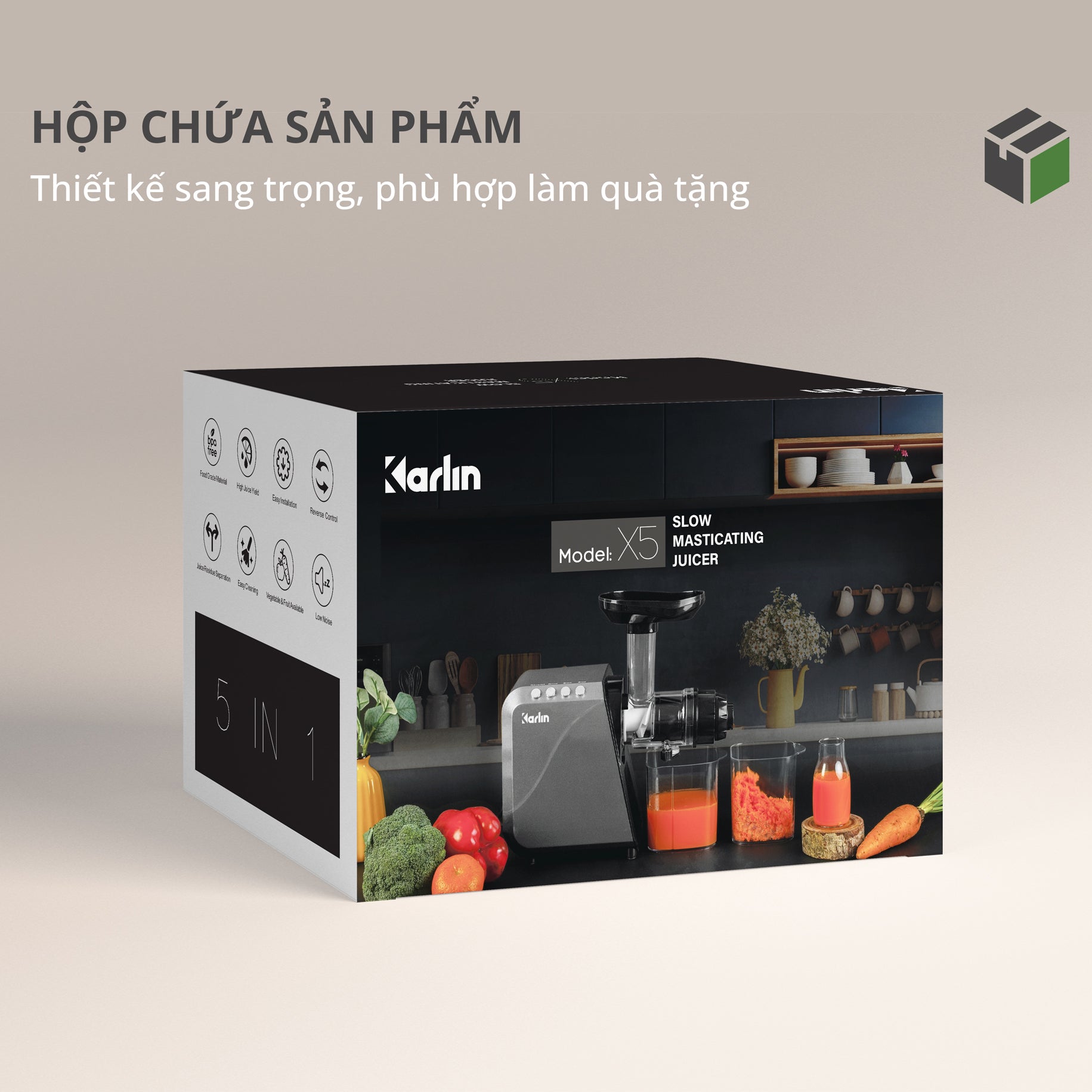 Máy Ép Chậm Trục Ngang KARLIN X5 - Ép Rau Củ - Kiệt Bã - Dễ Vệ Sinh - Đa Năng (xay cafe, làm mì sợi, thái củ quả, làm kem)